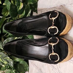 Gucci Suede Horsebit Accent Black Peep-Toe Heels 6.5